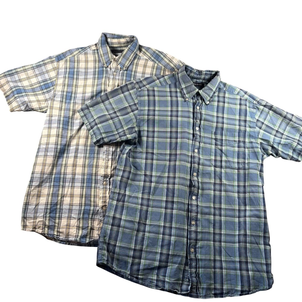 Hathaway Button Down Shirt Mens L Blue Green Lot of 2 Plaid Classic NormCore